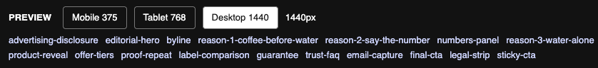 The preview's review bar: Mobile, Tablet, and Desktop buttons above a row of jump links, one per page section, each named for what the section does